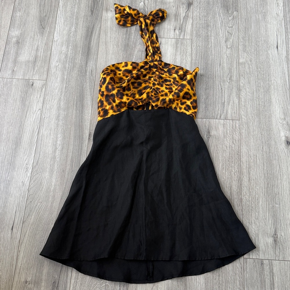 SANDRO Paris Ruched Halter Linen Blend Mini Dress with Leopard Animal Print - Picture 5 of 10